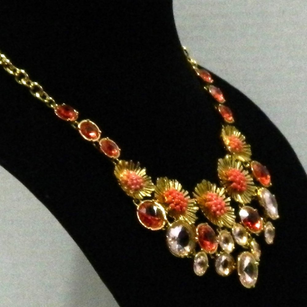 Talbots - Orange Flower Statement Necklace Gold T… - image 3